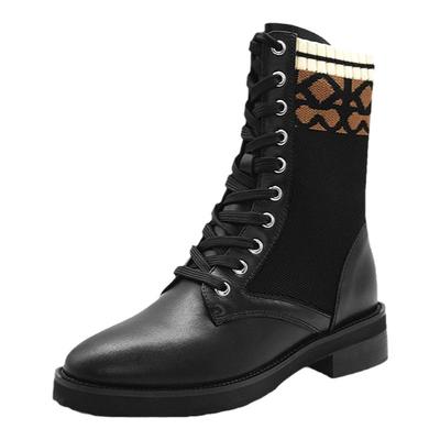 接吻猫复古老花粗跟牛皮袜靴女