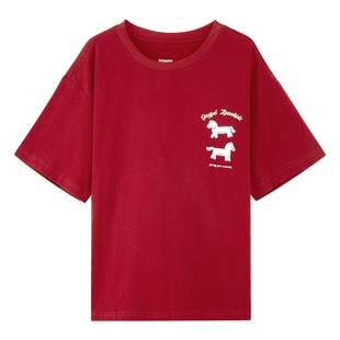 左西童装男童红色短袖T恤儿童夏季2026新款男大童新年衣服纯棉