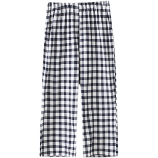 新疆棉睡裤女夏季七分裤纯棉日系格子可外穿薄款宽松大码单家居裤