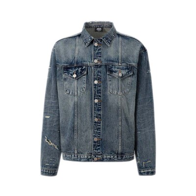 Makemore洗水牛仔外套男13.5oz破洞拼接格子复古翻领重磅美式夹克