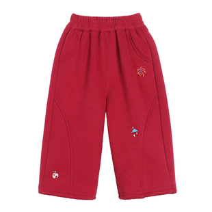 小O爸男婴童 宝宝加绒裤子男童冬季2025新款婴儿红色新年卫裤