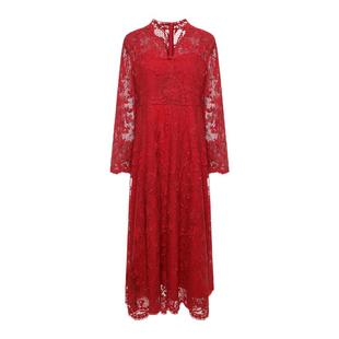 GEGINA吉吉娜红色镂空蕾丝连衣裙长袖V领高端气质长裙商场同款