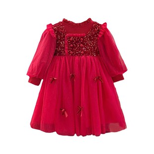 女童红色连衣裙冬季2025新款拜年服洋气小女孩时髦加绒公主裙礼服
