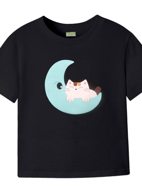 Kine猫 月亮猫可爱卡通纯棉宽松圆领短袖T恤日韩时尚原创设计女士