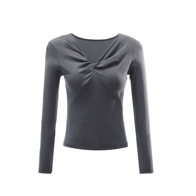 V领扭结长袖T恤女设计感上衣