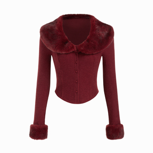CIDER仿皮草翻领长袖罗纹弧形下摆美式复古上衣114850425