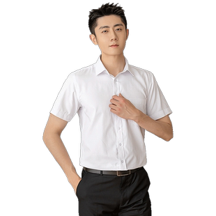 夏季竹纤维男士纯白色短袖衬衫薄款冰丝职业商务休闲工装蓝衬衣寸