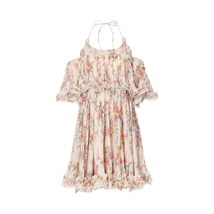 lefame拉飞姆卡其花色压褶印花一字肩挂脖连衣裙