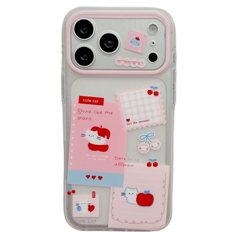 MoreRex韩系ins拼贴樱桃猫咪粉格纹便签适用苹果18手机壳iphone17promax新款18pro全包15防摔保护套14女款16