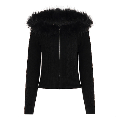 街头辣妹毛领拼接连帽拉链毛衣女