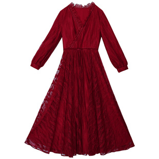 【199专区】早秋气质红色连衣裙长袖新款植绒蕾丝长裙小个子女装