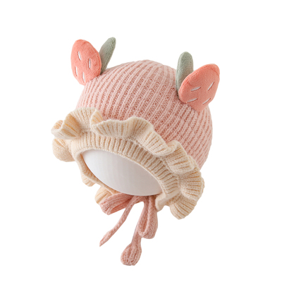 婴儿帽子秋冬小月龄可爱花边针织