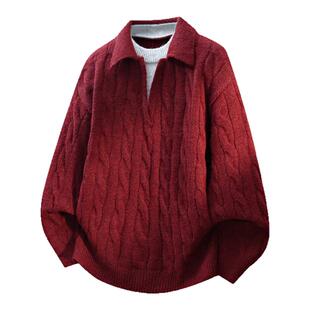 WASSUP KOI联名秋冬季翻领假两件毛衣美式宽松休闲复古绞花针织衫