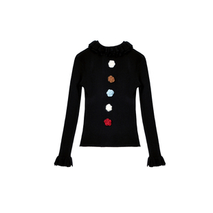 有耳uare原创设计 绒冬倒叙 手钩花朵拉夫领花瓣长袖针织打底T恤