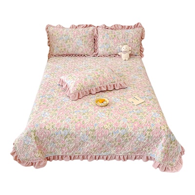 秋冬加厚牛奶绒夹棉床盖单件田园碎花荷叶花边榻榻米床单炕盖保暖