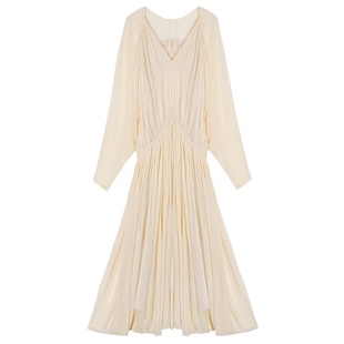 落落狷介 秋装女款2025年新款白色连衣裙女长袖小个子裙子V领显瘦