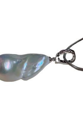 纯银扣可调节拆卸 天然淡水巴洛克珍珠吊坠大巴鱼尾 银蓝极光炫彩