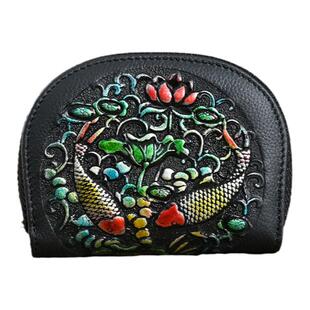 2026年新款风琴卡包复古拉链手拿包女士真皮头层牛皮压花短款钱包