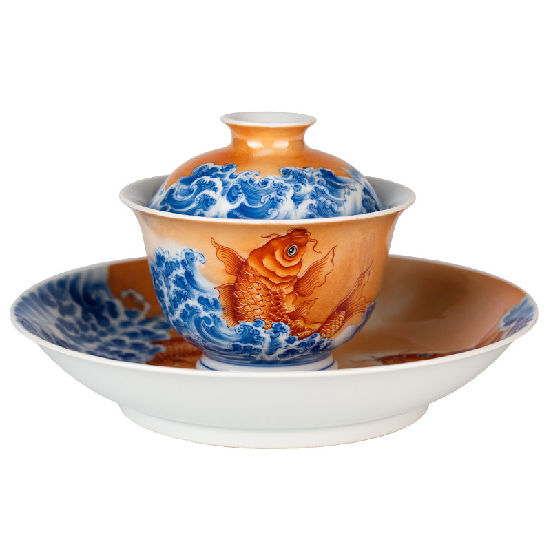 圣山景德镇矾红青花手绘《赤云红鲤》盖碗套组景德镇手绘陶瓷盖碗