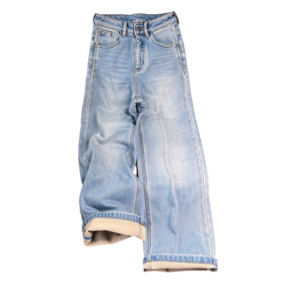 浅蓝色加绒直筒牛仔裤女冬季新款