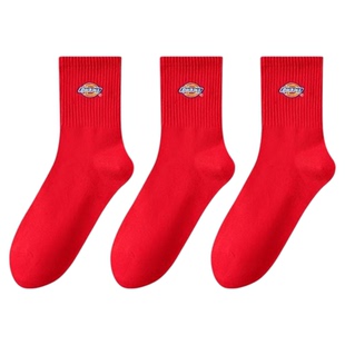 Dickies袜子女款冬季棉质透气学生防臭红色中筒袜2026马年本命年