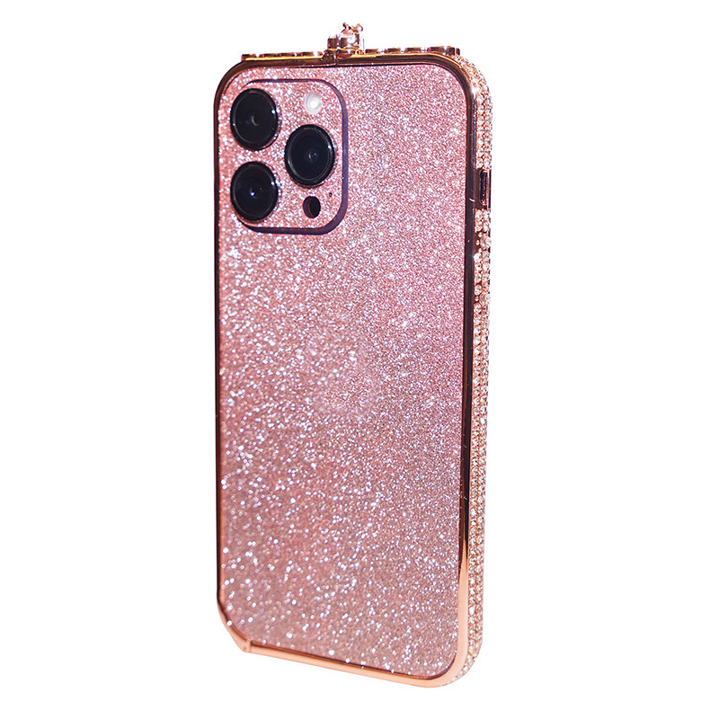 奢华闪粉手机壳适用苹果14Promax镶钻金属边框iPhone15pro水钻保护套11/12高档钻石防摔苹果SE3/13