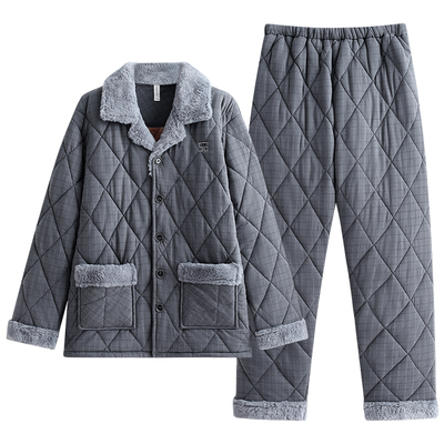 芬腾睡衣男士冬季三层加厚加绒纯棉夹棉男款珊瑚绒棉袄冬款家居服