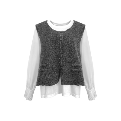 NAZ那子大码秋季精梳棉感拼接白色衬衫磨毛马甲胖mm时尚气质套装