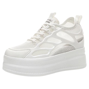 真皮内增高小白鞋女凉鞋夏季网面透气网鞋厚底薄款运动板鞋配裙子