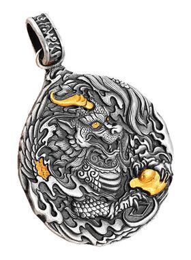 银千造 貔貅元宝足银999实心男女款纯银吊坠非遗镶金银项链毛衣链