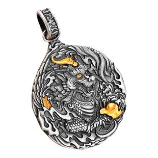 银千造 貔貅元宝足银999实心男女款纯银吊坠非遗镶金银项链毛衣链