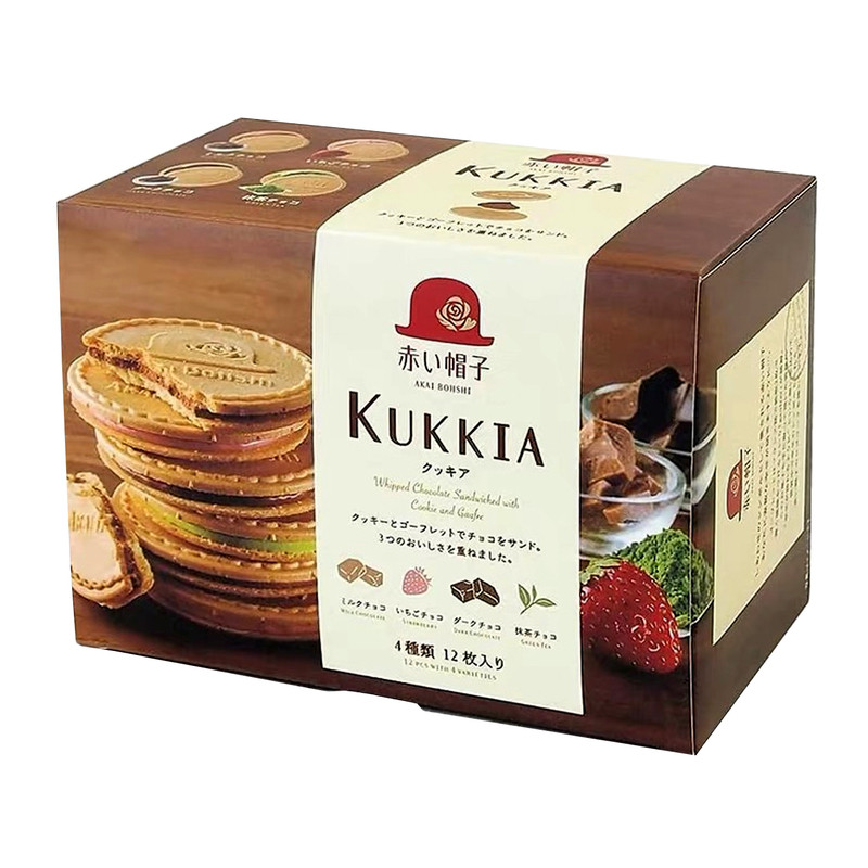 日本进口红帽子阡朋巧克力夹心饼干kukkia牛奶味法式薄脆曲奇零食