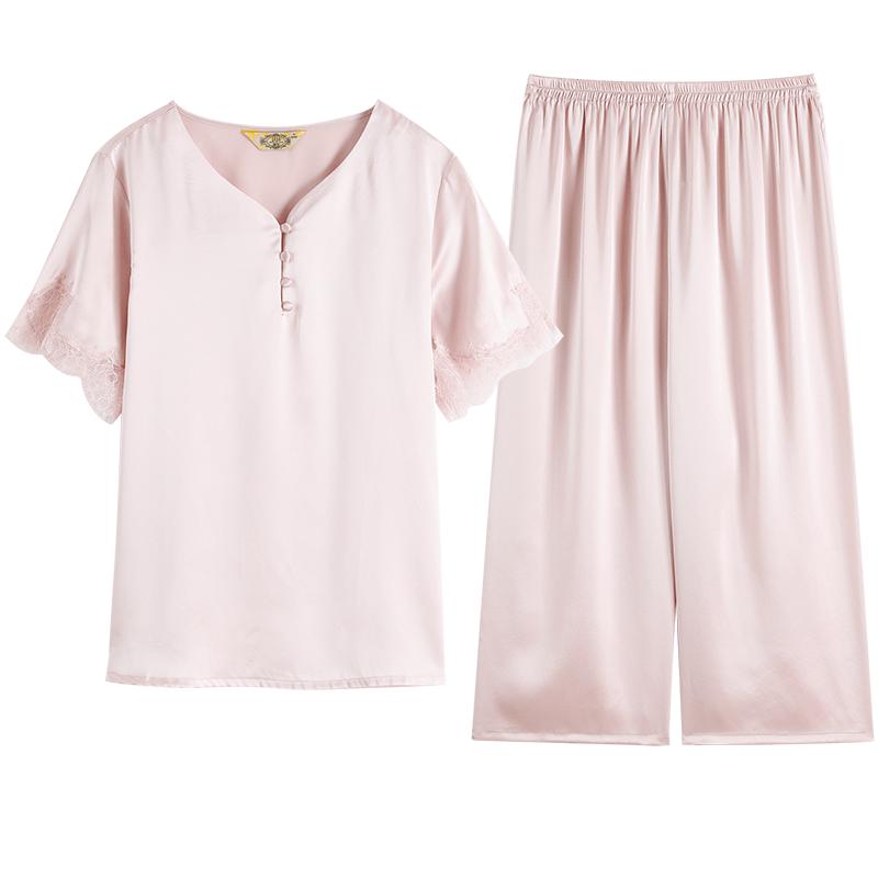 美标女真丝短袖睡衣两件套装春秋6A级100%桑蚕丝绸蕾丝居家服夏季