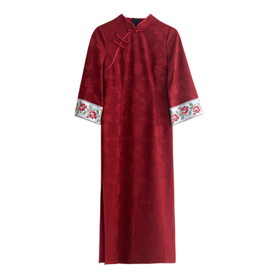 遇见大码新中式红色订婚刺绣旗袍