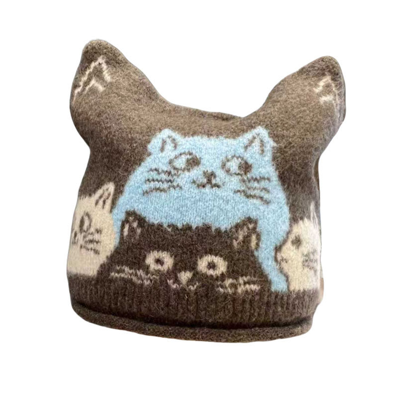 秋冬显脸保暖护耳猫咪针织帽女