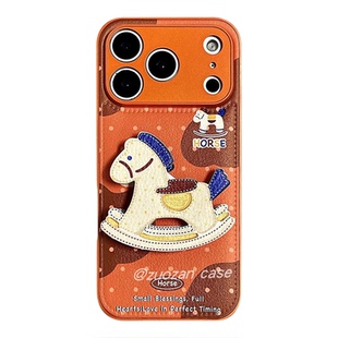 适用iphone17promax手机壳橙色皮质波点斑纹木马支架苹果16新款15创意14pro女款13超火15promax防摔保护套