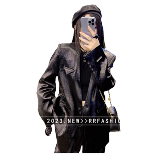 设计感西服外套女宽松中长款V领黑色小西装上衣欧货2024秋季新款