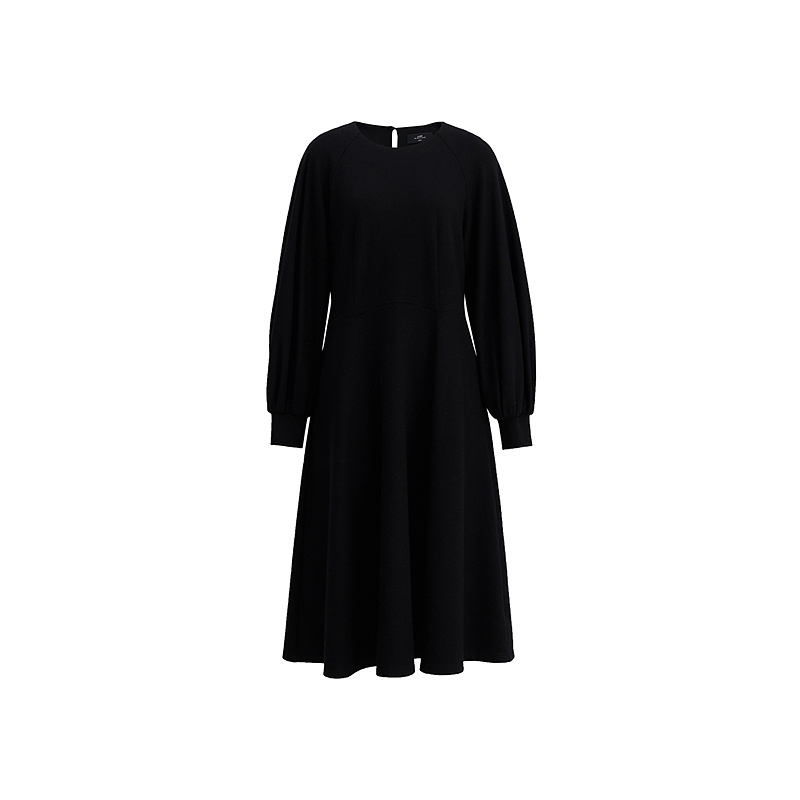 【商场同款】AUM噢姆冬季羊绒澳毛针织呢灯笼袖黑色连衣裙长裙女