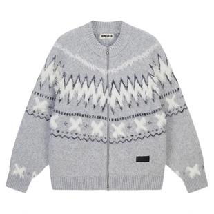 【蔡徐坤同款】BONELESS仿马海毛费尔岛毛织拉链外套皮牌撞色毛衣