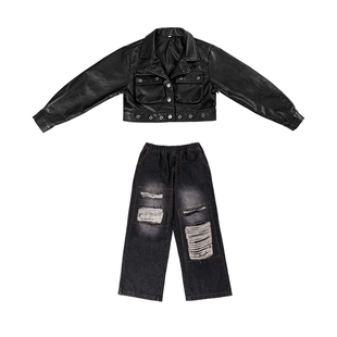 爵士舞演出服女童机车外套短款皮衣黑色儿童酷帅辣妹秋冬季街舞服