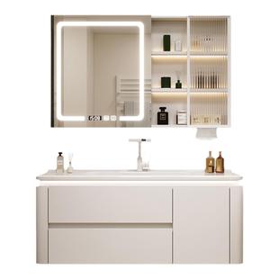 简约奶油风陶瓷一体智能浴室柜镜柜组合卫生间收纳洗漱台洗脸盆