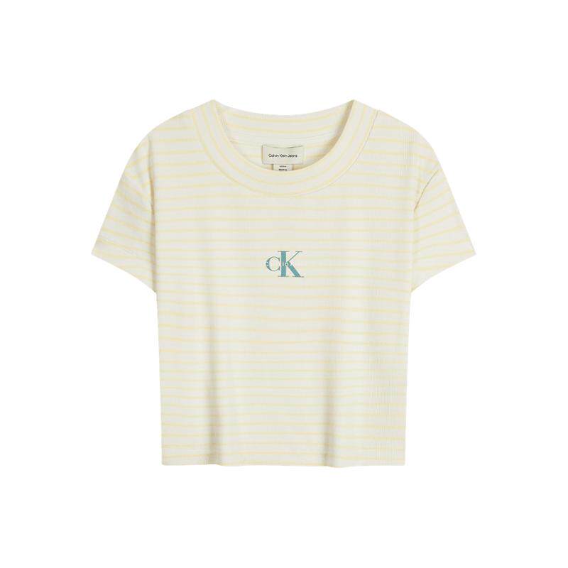 CK Jeans26春夏新款女士休闲活力少女感字母条纹辣妹圆领短袖T恤