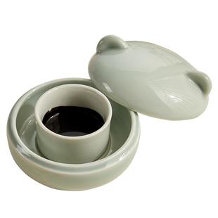 六品堂小熊墨盒陶瓷墨碟火锅砚台带盖防干墨盘保湿防蒸发书法专用墨碟笔搁笔洗多功能墨盒可爱创意文房摆件