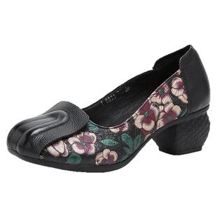 民族风全真皮浅口单鞋民印花刺绣女皮鞋软底舒适妈妈鞋广场舞蹈鞋