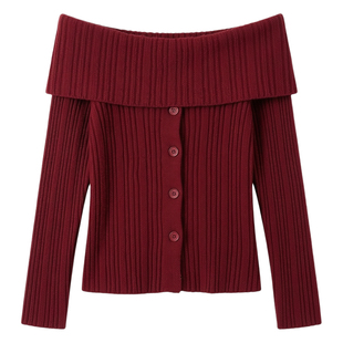 波尔多红色一字肩长袖针织衫毛衣女春季新款修身显瘦百搭打底上衣