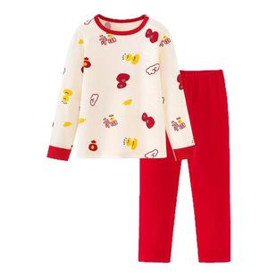 迷你巴拉巴拉儿童纯棉保暖内衣套装男女宝宝新年红色秋衣秋裤分体