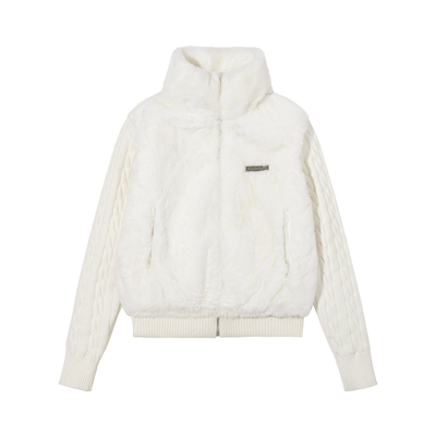 iSaluteU仿兔毛毛衣拼接外套小立领潮流秋冬保暖短款防风锁温棉衣