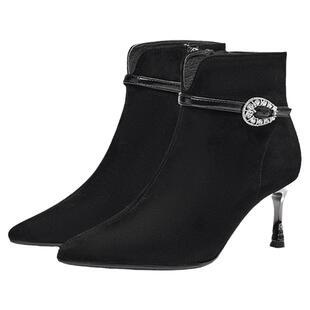 KISSCAT接吻猫[此刻怦然]踝靴真皮白色高跟靴瘦瘦靴尖头短靴女