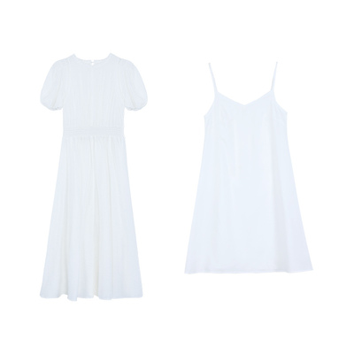 pusumede【现货6.5折】两件套法式泡泡袖连衣裙女收腰气质中长裙