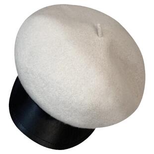 日系PU皮帽檐八角帽子女春秋季羊毛呢短檐鸭舌帽网红百搭报童帽潮